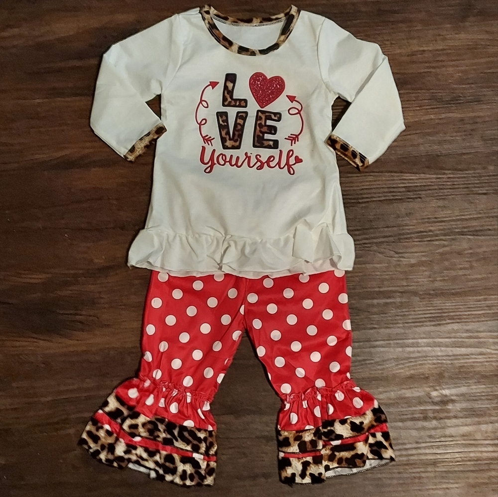 Girls Red Polka Dot Leopard Boutique Heart Outfit Shirt and Ruffle Pants 2T - 3T